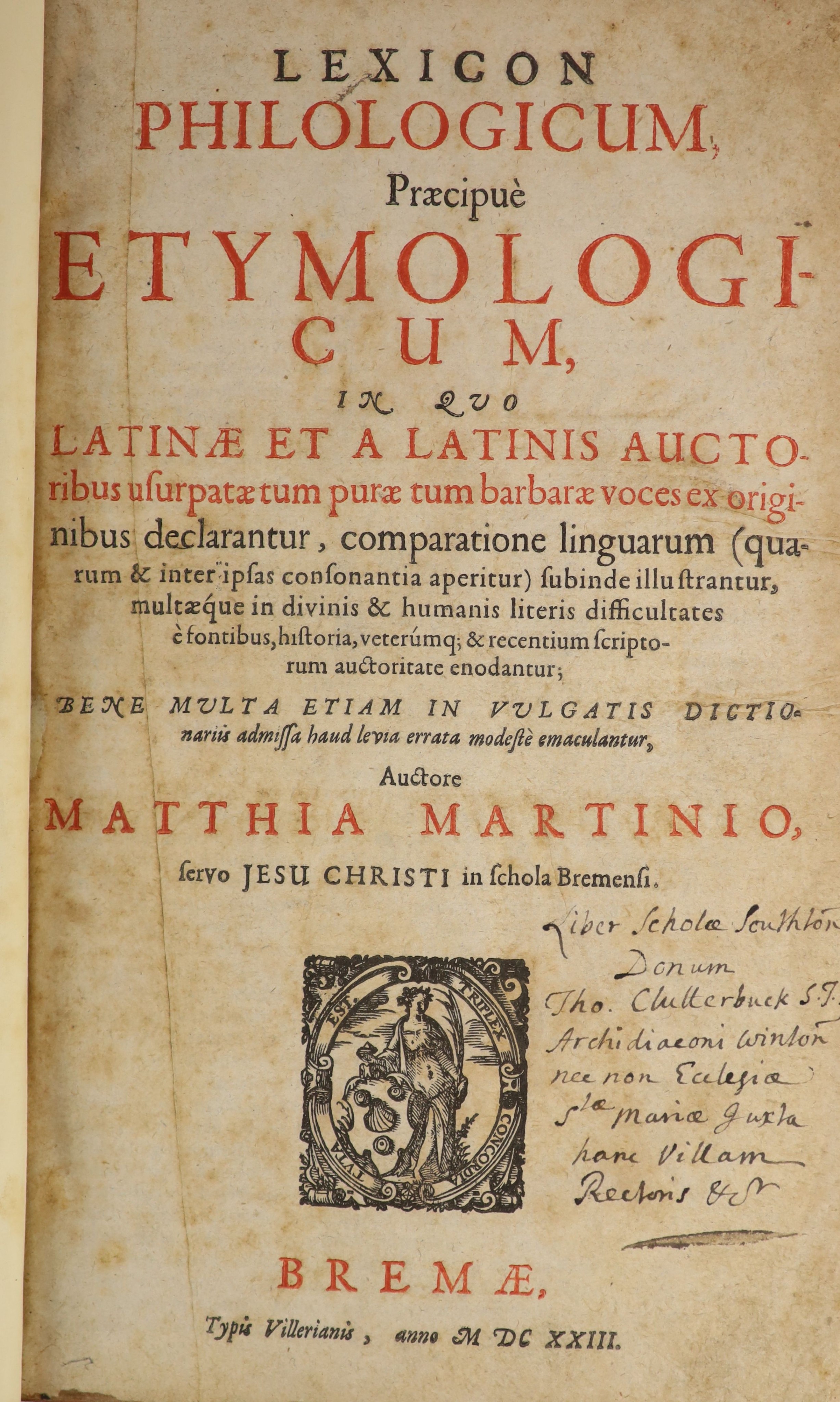 Martini, Matthias - Lexicon Philogicum Praecipue Etymologicum ... old calf, rebacked with gilt-lettered panelled spine, thick folio, Bremen, 1623